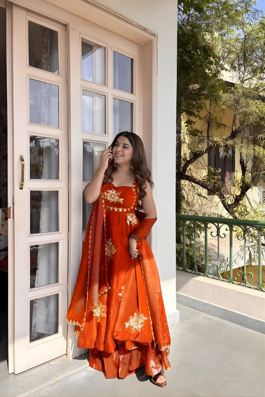 Vibrant Orange Sequins Fendy Silk Readymade Palazzo Suit with Dupatta for Women