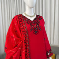 Stunning Red Viscose Silk Straight Palazzo Suit Thread Work Dupatta Party Wear