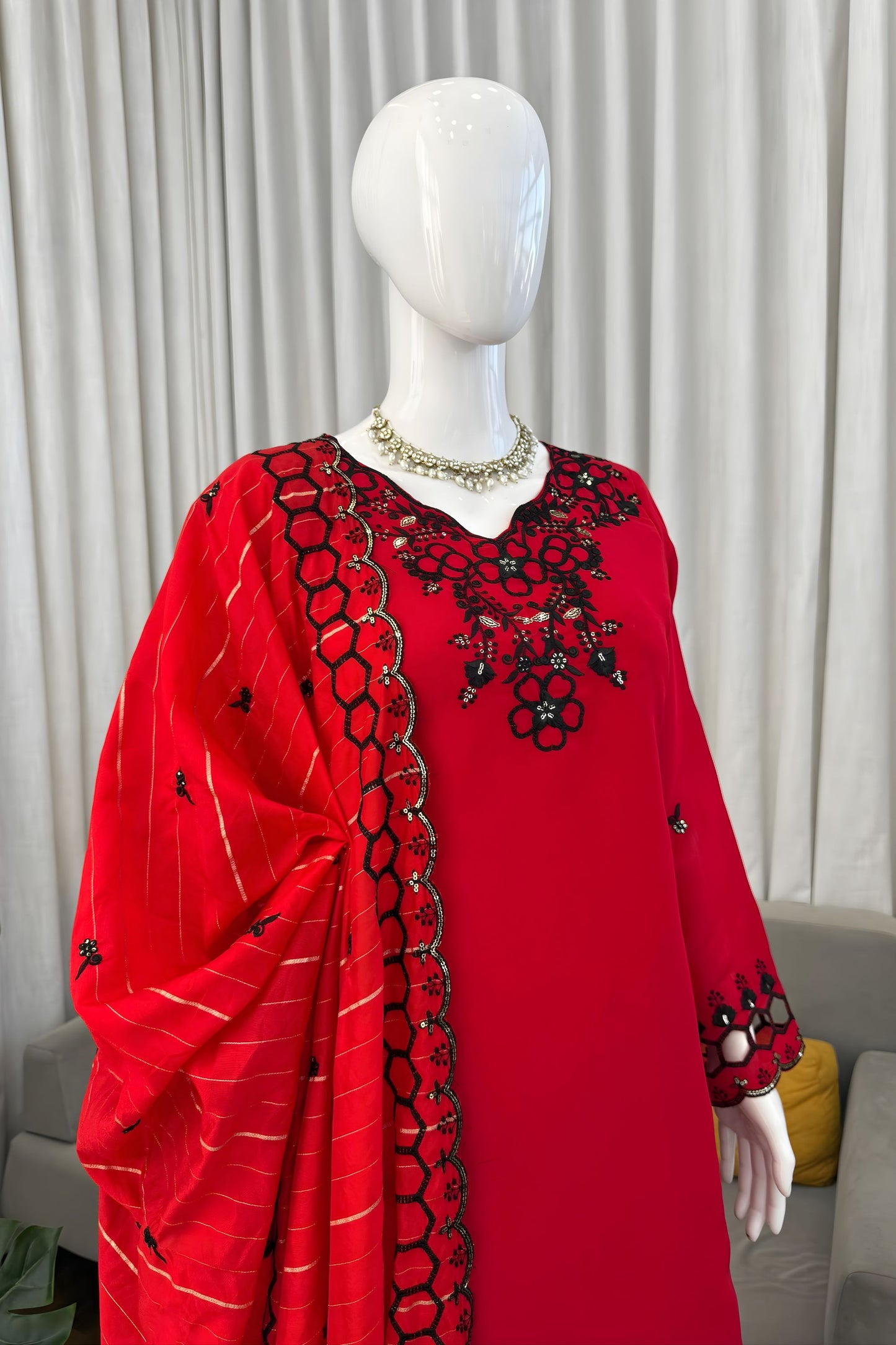 Stunning Red Viscose Silk Straight Palazzo Suit Thread Work Dupatta Party Wear