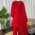 Stunning Red Viscose Silk Straight Palazzo Suit Thread Work Dupatta Party Wear