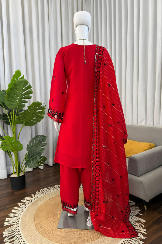 Stunning Red Viscose Silk Straight Palazzo Suit Thread Work Dupatta Party Wear