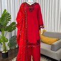 Stunning Red Viscose Silk Straight Palazzo Suit Thread Work Dupatta Party Wear