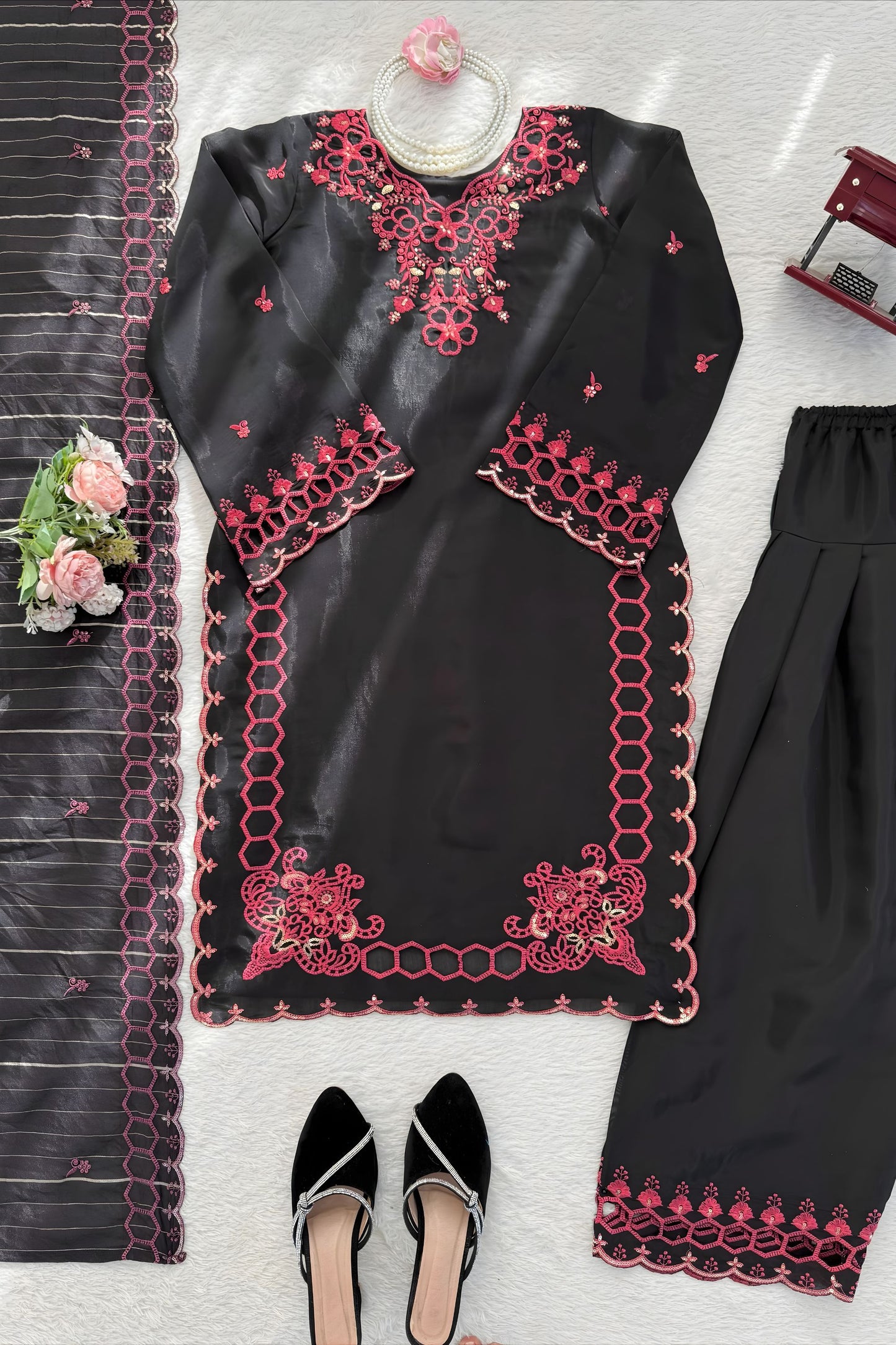 Elegant Black Heavy Embroidered Straight Palazzo Suit Designer Dupatta