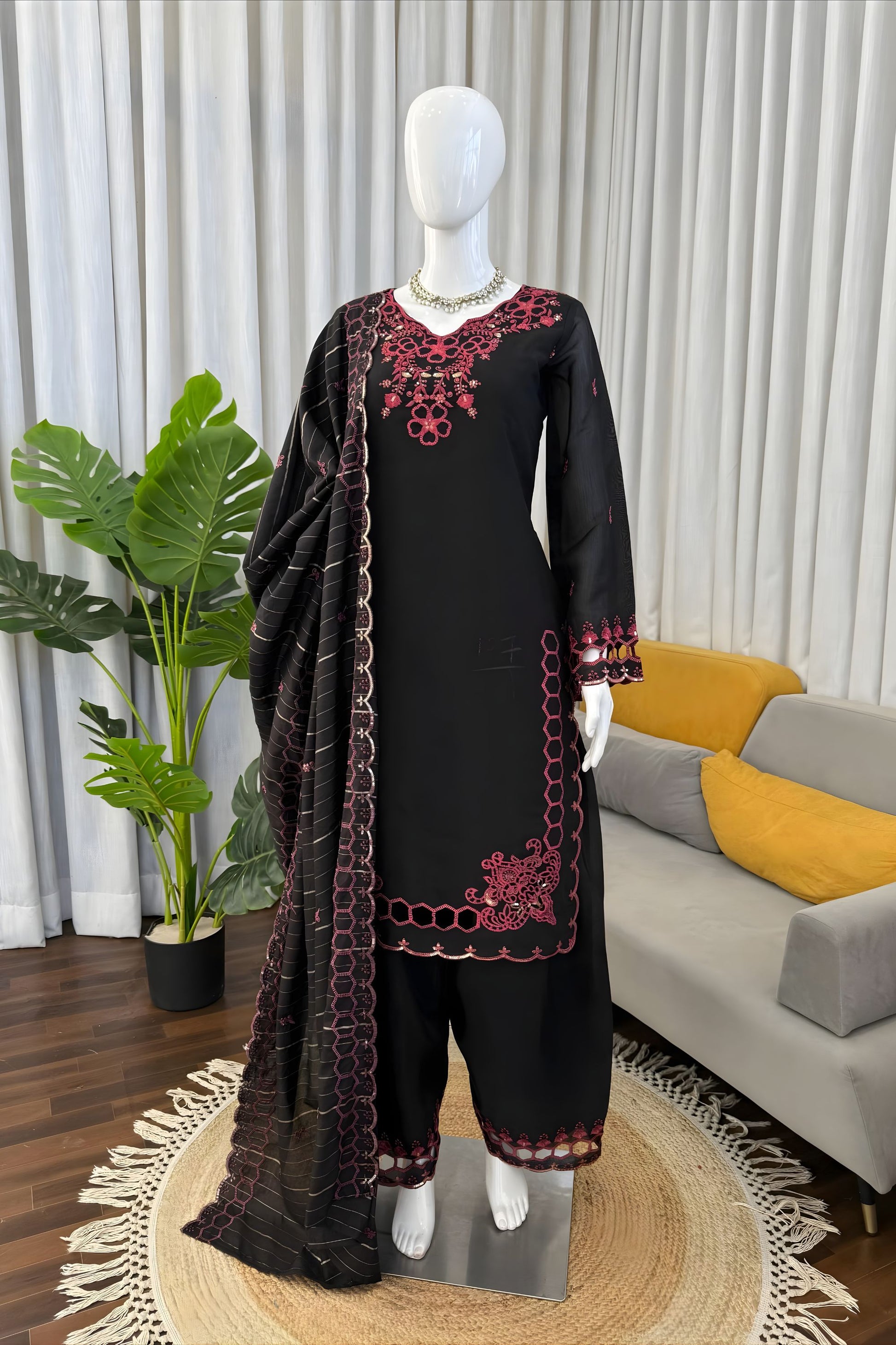 Elegant Black Heavy Embroidered Straight Palazzo Suit Designer Dupatta