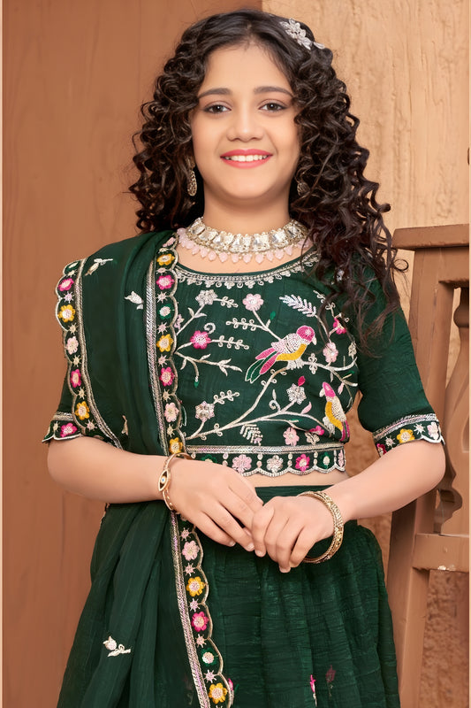 Elegant Dark Green Silk Embroidered Lehenga Choli for Girls with Dupatta