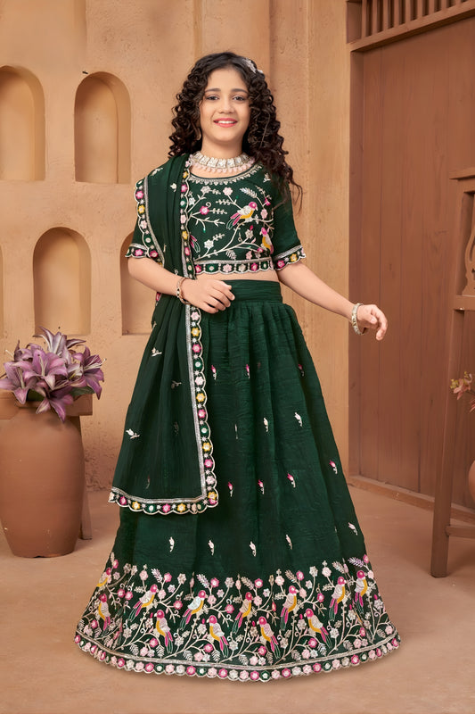 Elegant Dark Green Silk Embroidered Lehenga Choli for Girls with Dupatta