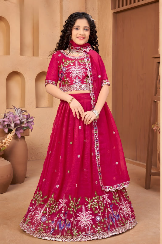 Stylish Rani Pink Silk Embroidered Lehenga Choli for Girls with Dupatta