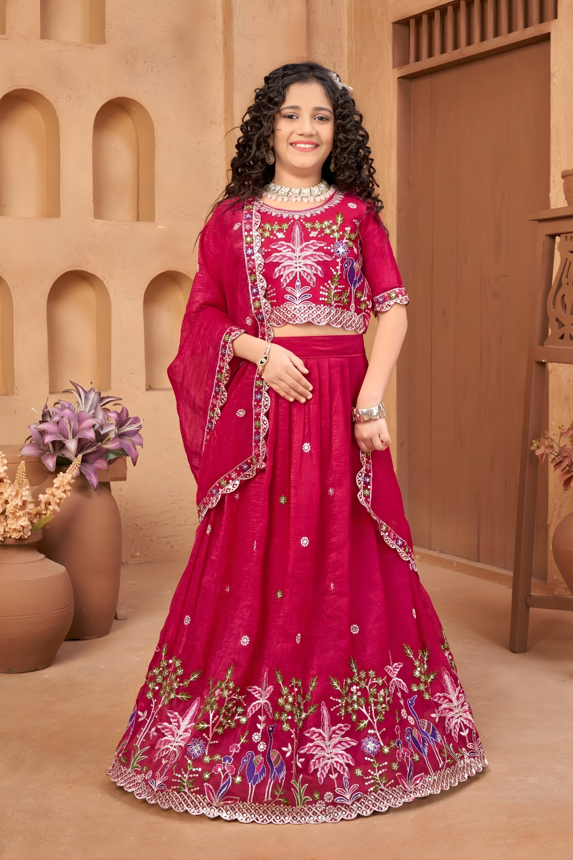 Stylish Rani Pink Silk Embroidered Lehenga Choli for Girls with Dupatta