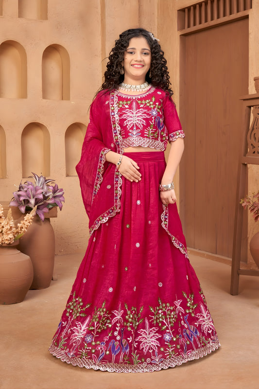 Stylish Rani Pink Silk Embroidered Lehenga Choli for Girls with Dupatta