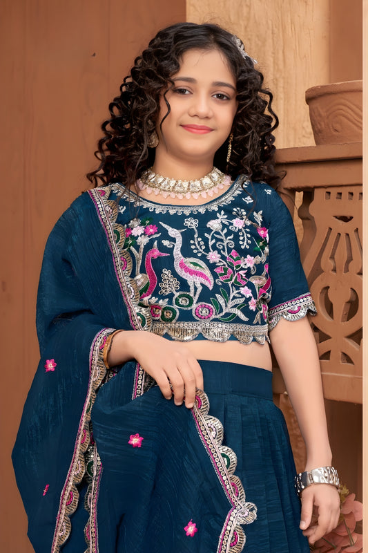 Amazing Teal Blue Silk Embroidered Lehenga Choli for Girls with Dupatta