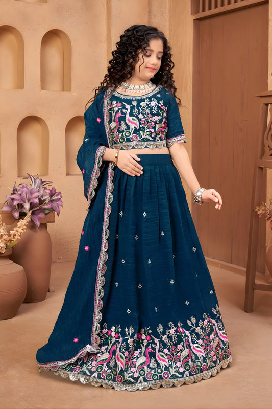 Amazing Teal Blue Silk Embroidered Lehenga Choli for Girls with Dupatta