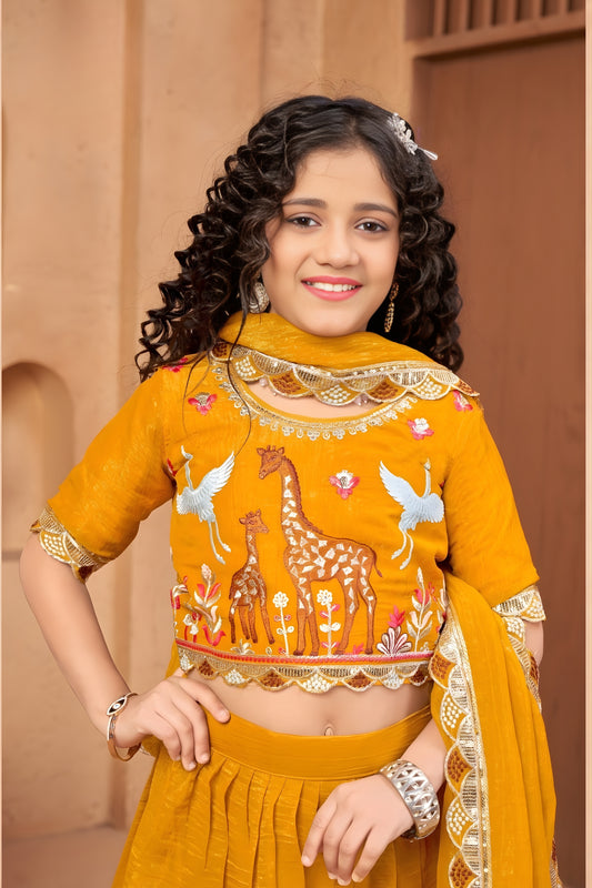 Gorgeous Mustard Yellow Silk Embroidered Lehenga Choli for Girls with Dupatta