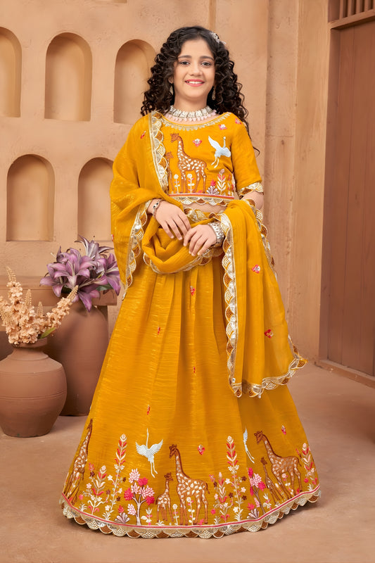 Gorgeous Mustard Yellow Silk Embroidered Lehenga Choli for Girls with Dupatta