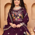 Fancy Wine Silk Embroidered Lehenga Choli for Girls with Floral and Peacock Design Dupatta