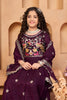 Fancy Wine Silk Embroidered Lehenga Choli for Girls with Floral and Peacock Design Dupatta