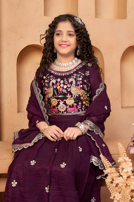 Fancy Wine Silk Embroidered Lehenga Choli for Girls with Floral and Peacock Design Dupatta