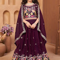 Fancy Wine Silk Embroidered Lehenga Choli for Girls with Floral and Peacock Design Dupatta