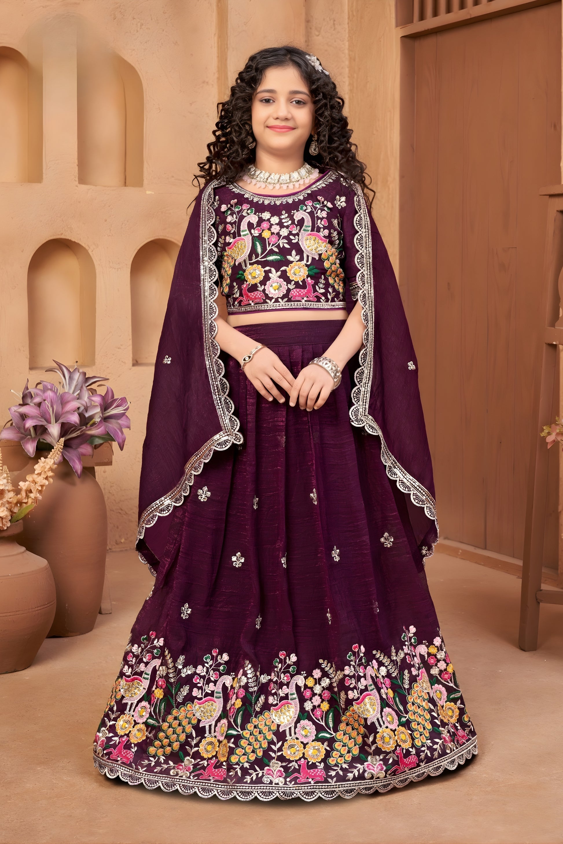 Fancy Wine Silk Embroidered Lehenga Choli for Girls with Floral and Peacock Design Dupatta