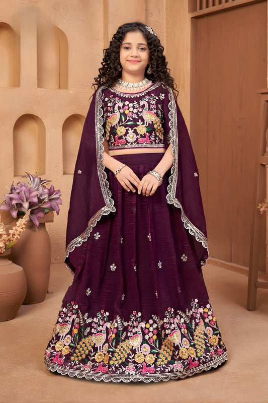 Fancy Wine Silk Embroidered Lehenga Choli for Girls with Floral and Peacock Design Dupatta