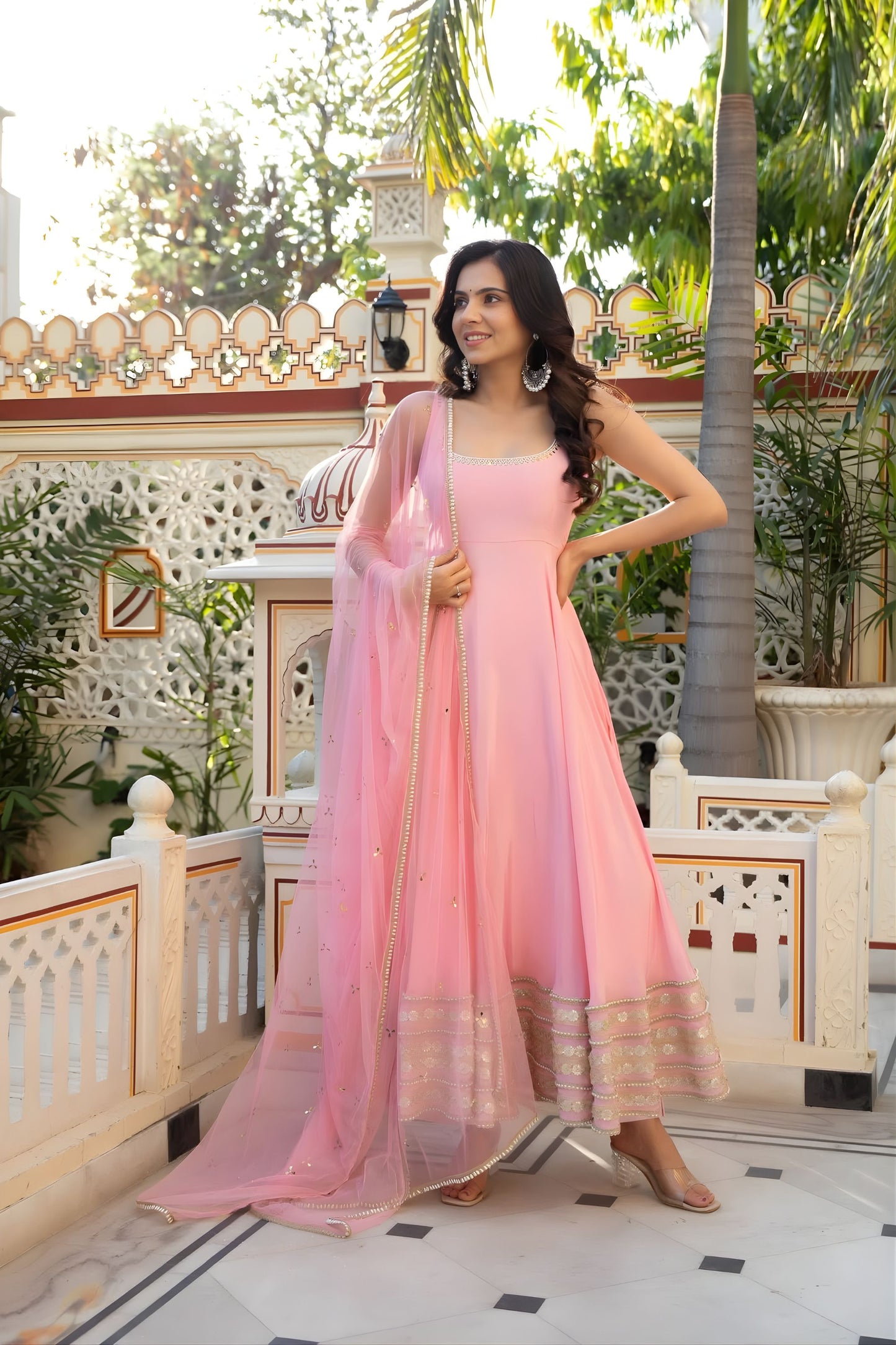 Beautiful Baby Pink Georgette Anarkali Soft Net Dupatta for Wedding