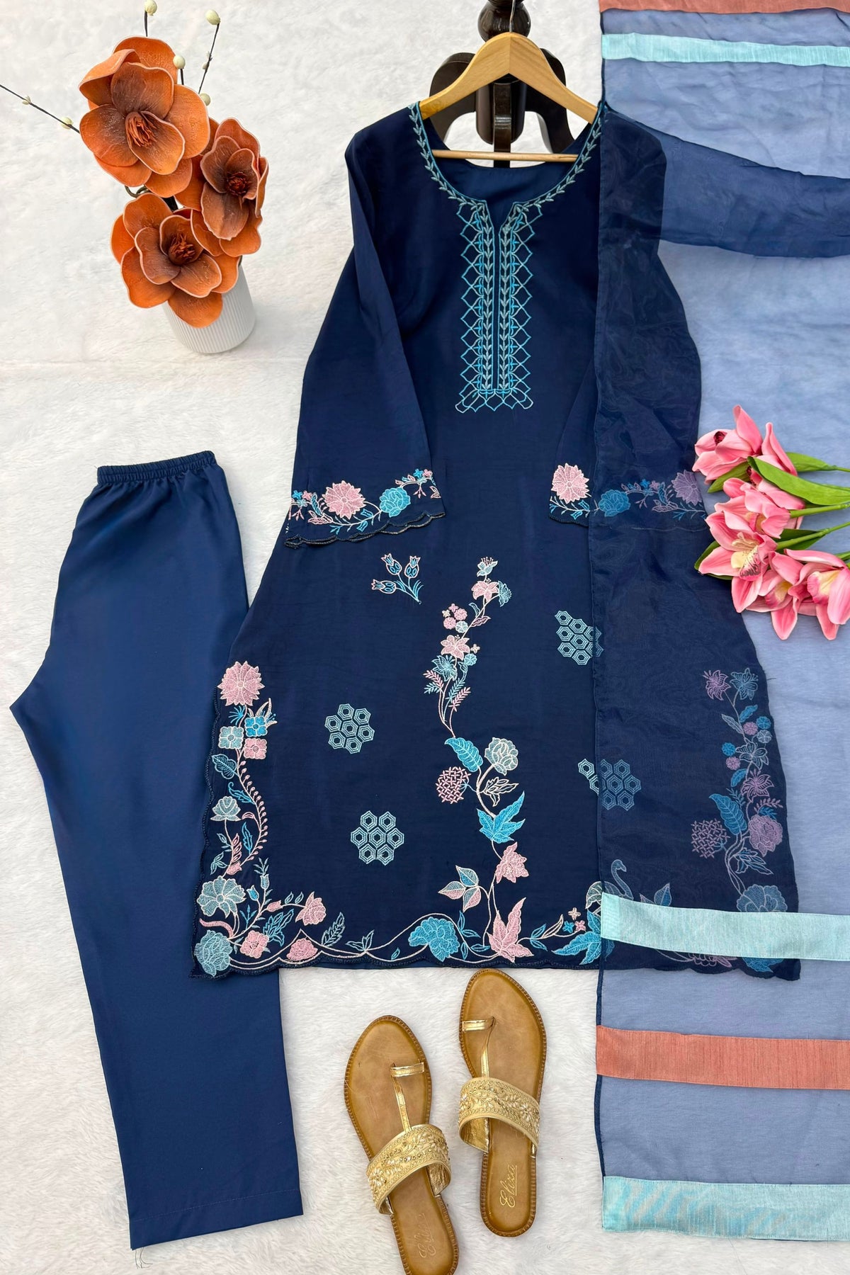 Stunning Navy Blue Jura Silk Anarkali Suit Thread Work Dupatta for Women