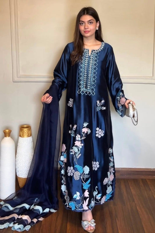 Stunning Navy Blue Jura Silk Anarkali Suit Thread Work Dupatta for Women