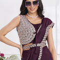 Wine Purple Designer Saree Heavy Embroidered Sleeveless Blouse