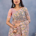 Dusty Pink Floral Embroidered Net Saree with Designer Border
