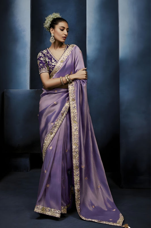 Lavender Purple Embroidered Designer Saree Heavy Border 
