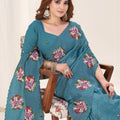 Teal Green Organza Saree with Floral Embroidery Designer Blouse