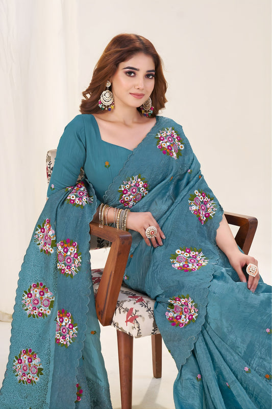 Teal Green Organza Saree with Floral Embroidery Designer Blouse