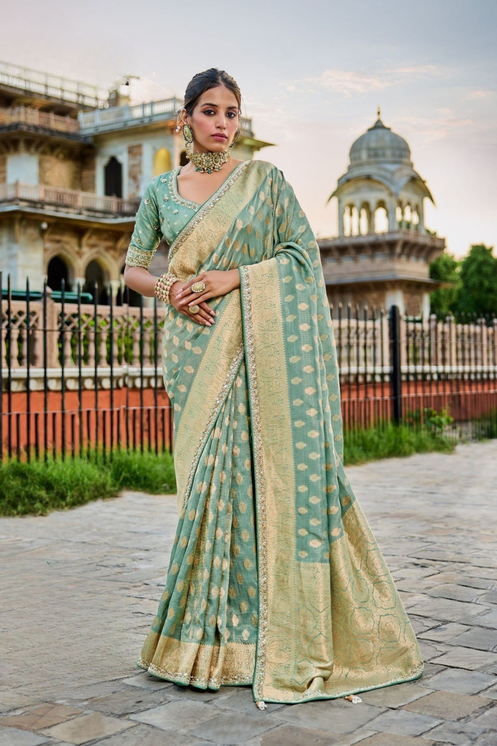 Designer Pastel Green Banarasi Silk Saree Embroidered Blouse
