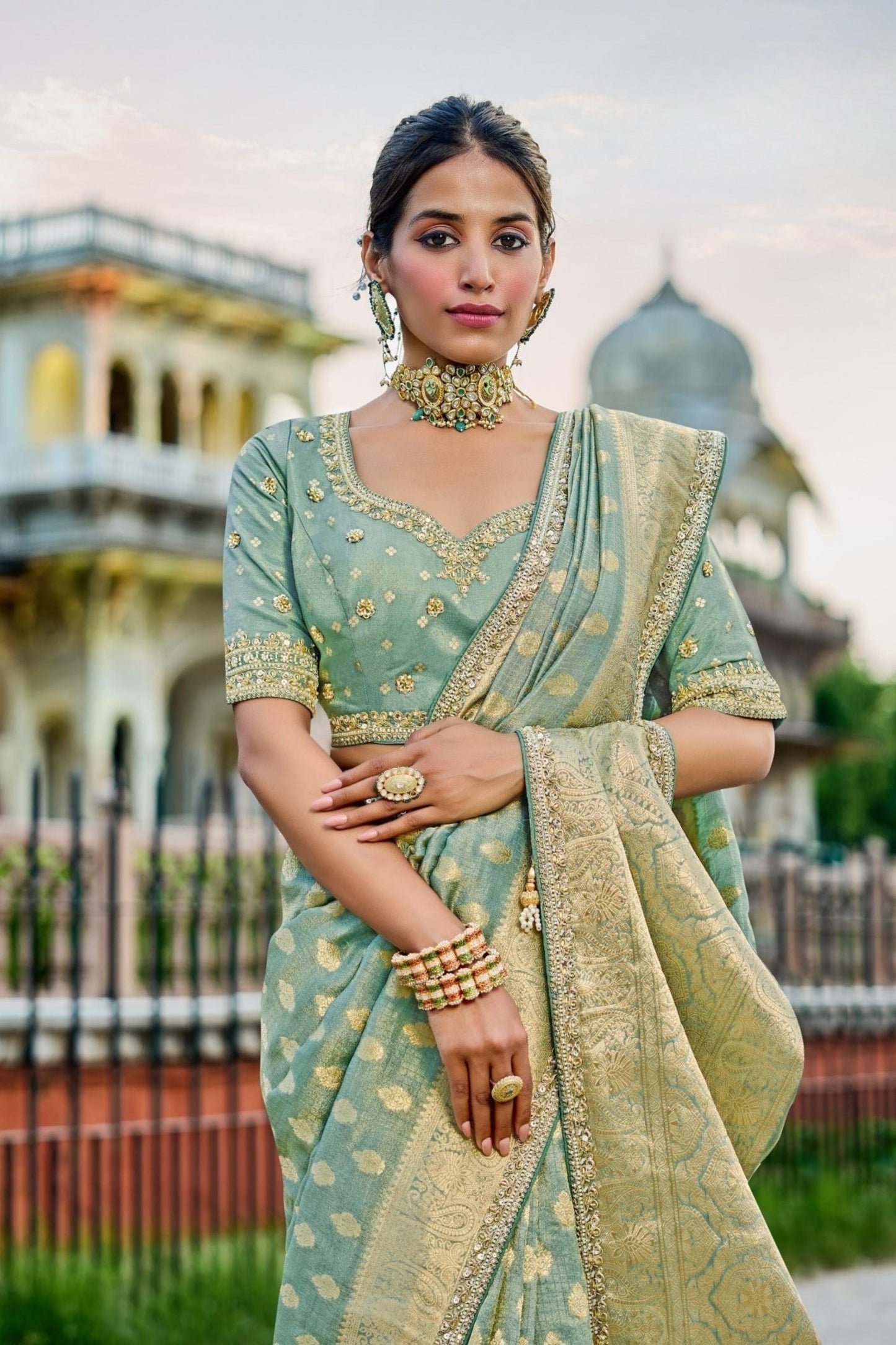 Designer Pastel Green Banarasi Silk Saree Embroidered Blouse