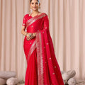 Red Embroidered Designer Party Wear Saree with Blouse Piece