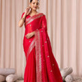 Red Embroidered Designer Party Wear Saree with Blouse Piece