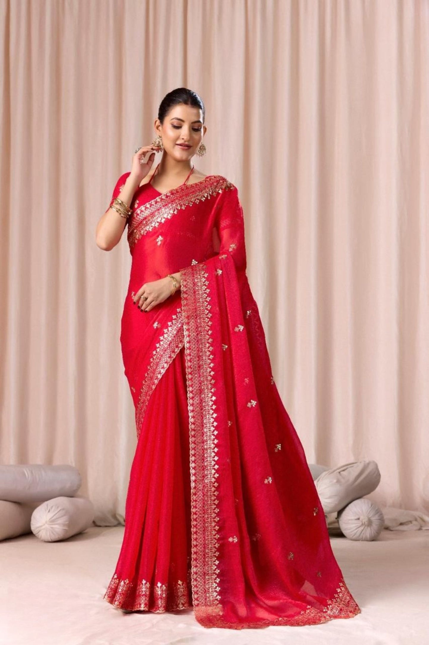 Red Embroidered Designer Party Wear Saree with Blouse Piece