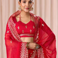 Red Embroidered Designer Party Wear Saree with Blouse Piece