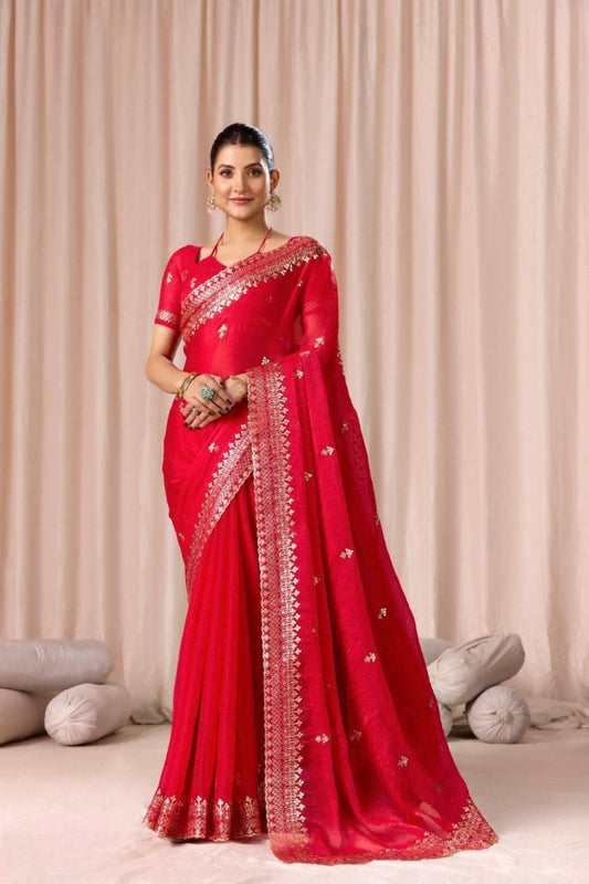Red Embroidered Designer Party Wear Saree with Blouse Piece