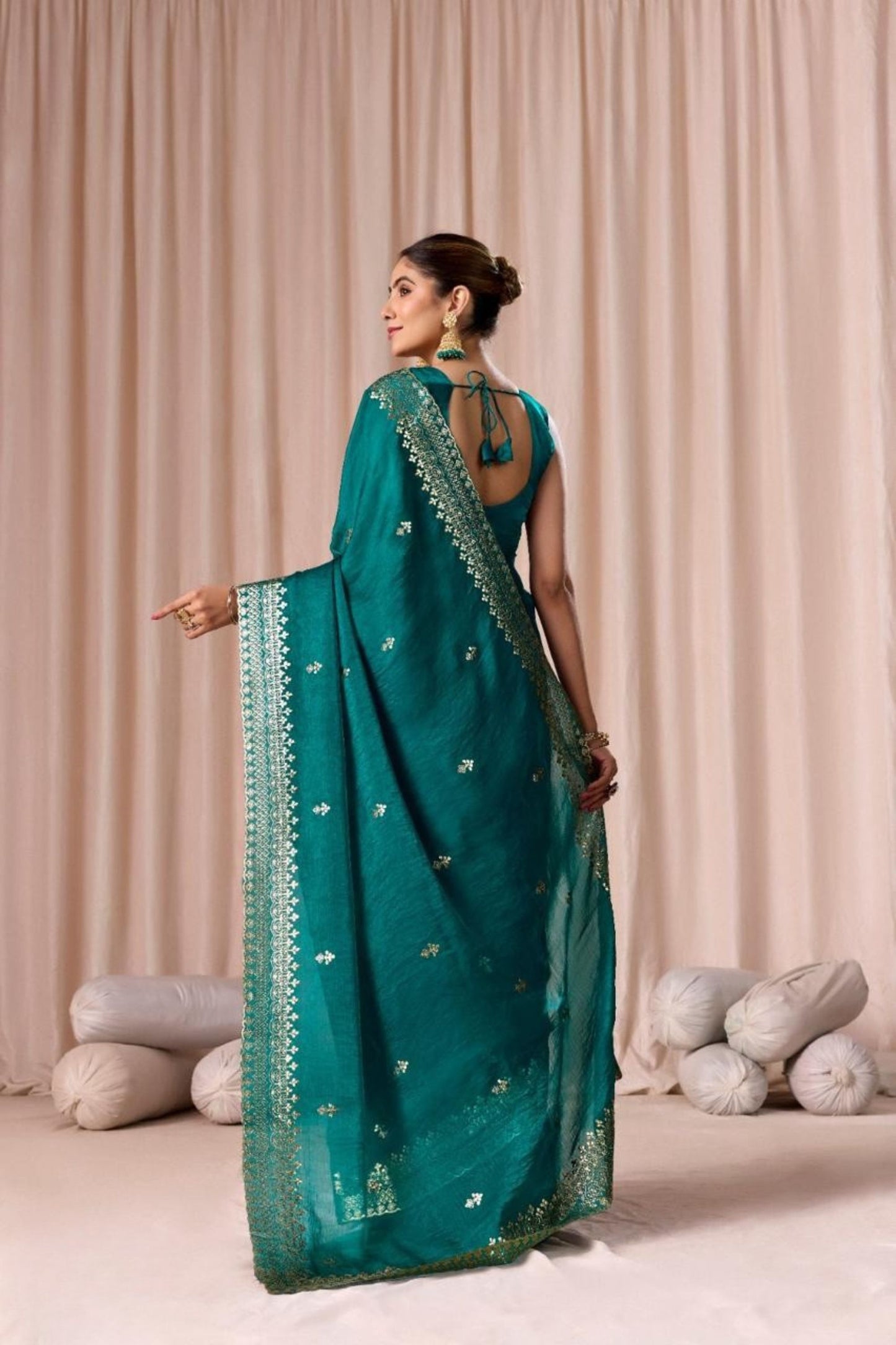 Teal Green Embroidered with Blouse Piece Designer Party Wear Saree