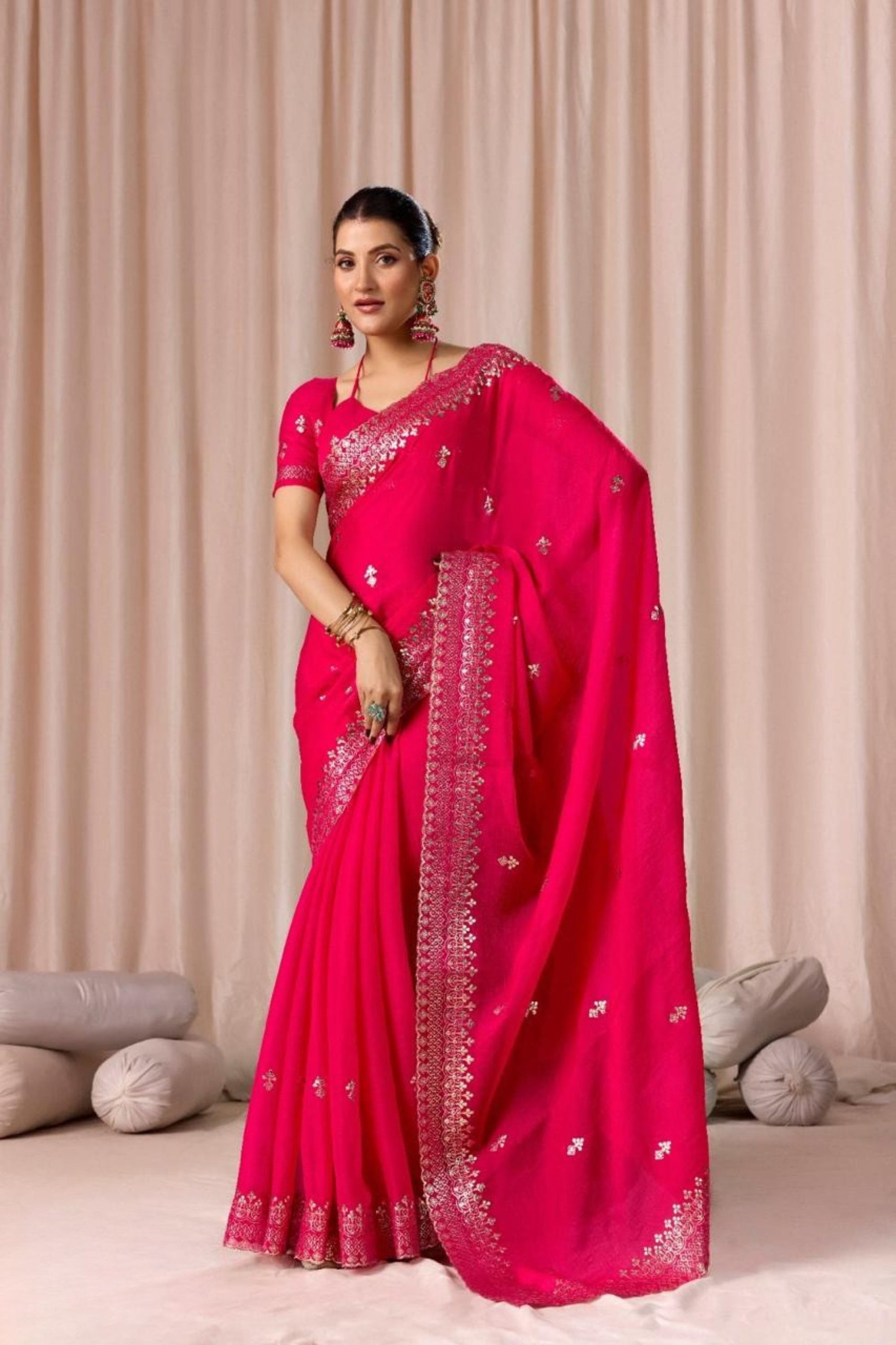 Rani Pink Embroidered Saree with Blouse Piece Designer Party Wear Saree