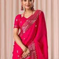 Rani Pink Embroidered Saree with Blouse Piece Designer Party Wear Saree