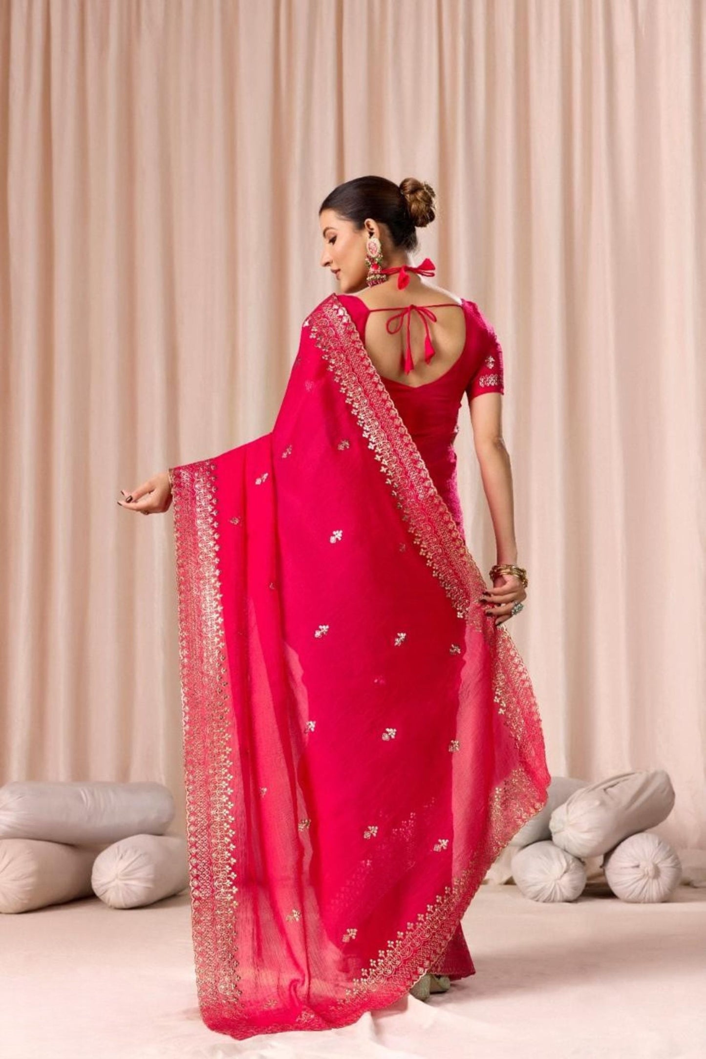 Rani Pink Embroidered Saree with Blouse Piece Designer Party Wear Saree