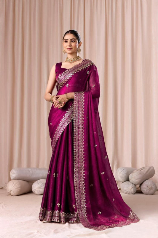 Wine Purple Embroidered with Blouse Piece Designer Party Wear Saree