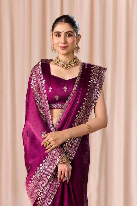 Wine Purple Embroidered with Blouse Piece Designer Party Wear Saree