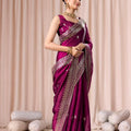 Wine Purple Embroidered with Blouse Piece Designer Party Wear Saree