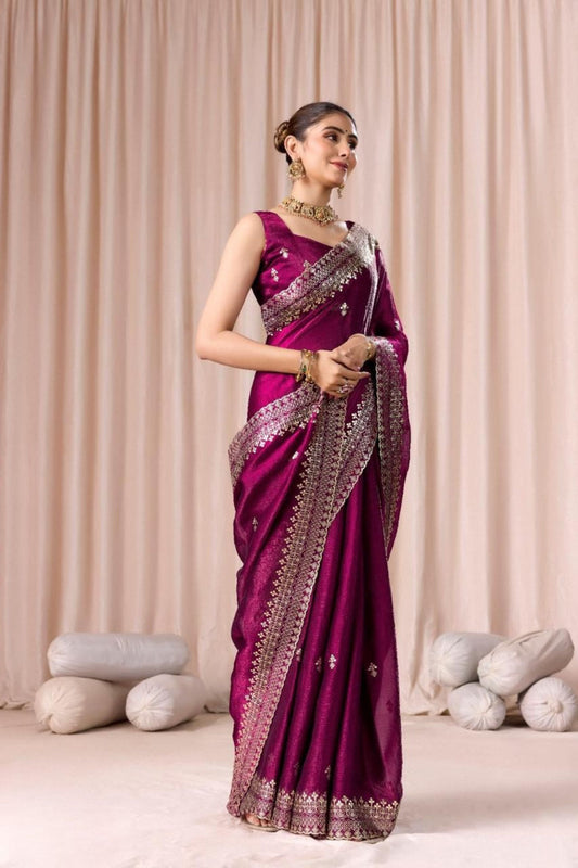 Wine Purple Embroidered with Blouse Piece Designer Party Wear Saree