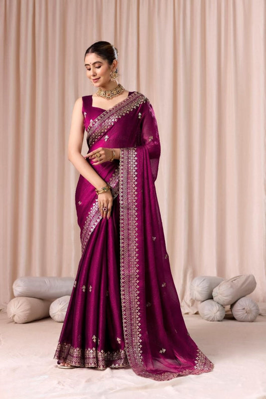 Wine Purple Embroidered with Blouse Piece Designer Party Wear Saree
