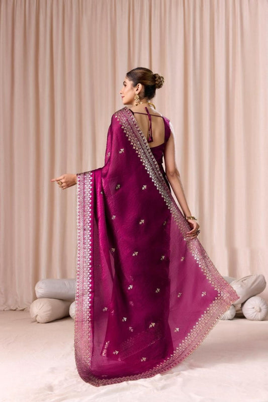 Wine Purple Embroidered with Blouse Piece Designer Party Wear Saree