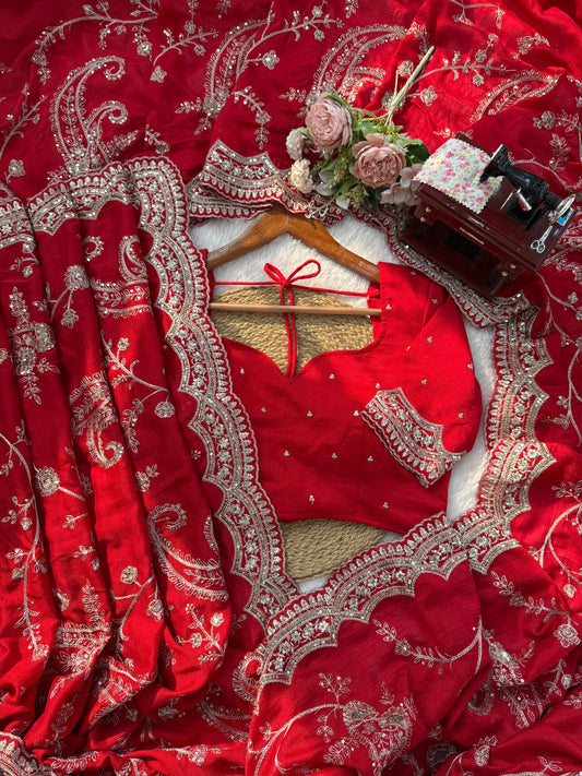 Designer Red Heavy Embroidered Georgette Saree with Matching Blouse