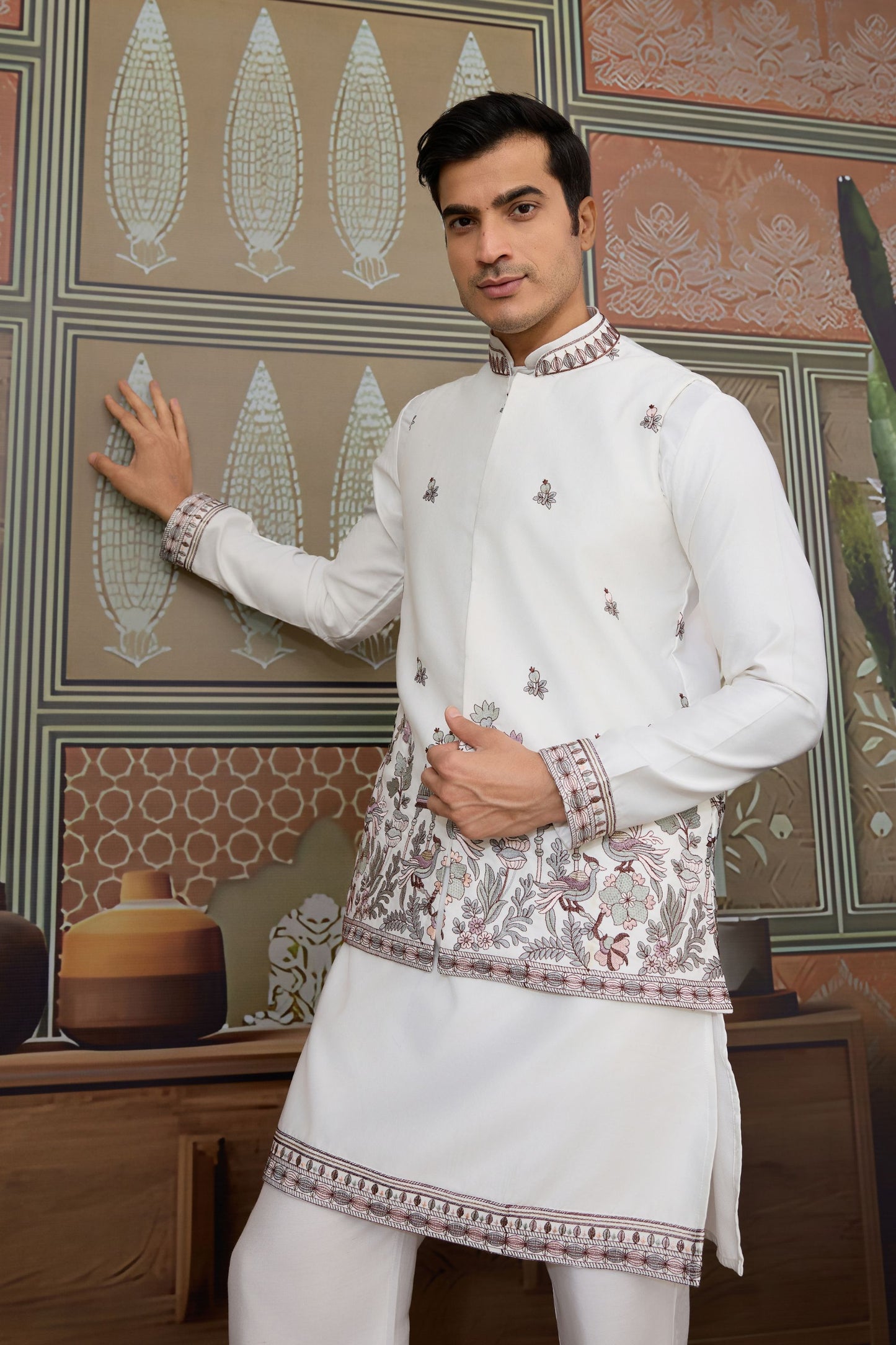 Elegant White Silk Embroidered Indo Western Kurta Pyjama Set with Jacket